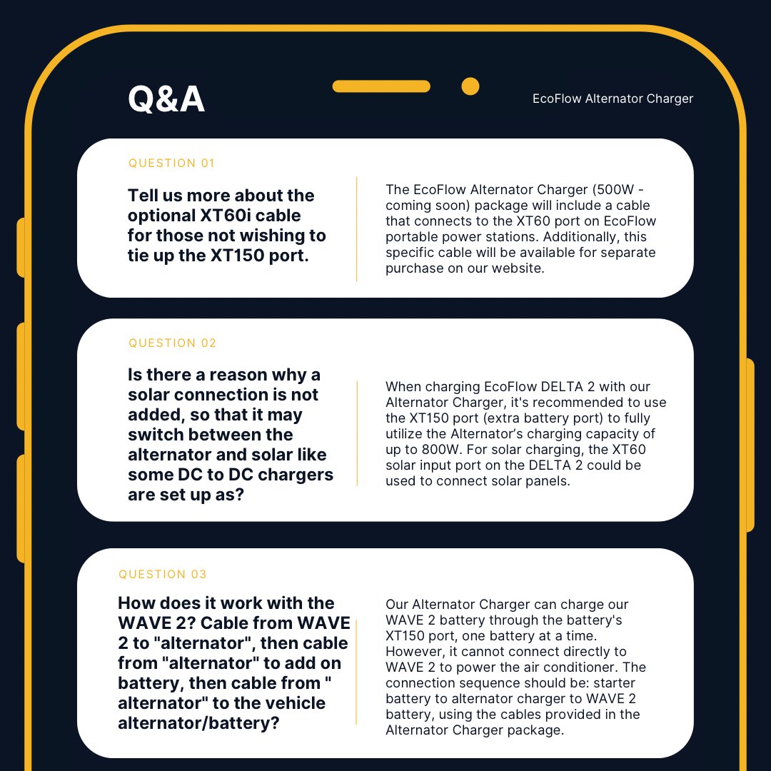 EcoFlowTech's tweet image. You asked, we answered 💁‍♂️ Got more questions about our #EcoFlowAlternatorCharger? Drop them below!