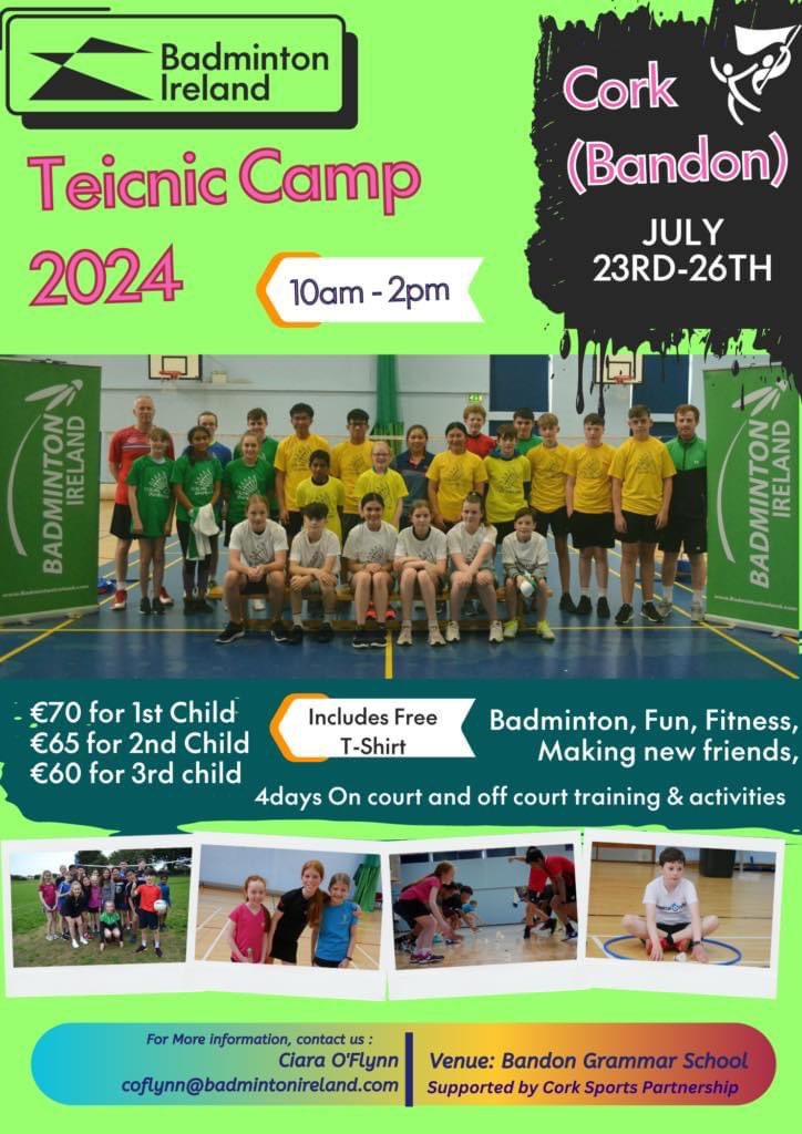 📣🤩 Cork Badminton Camp 🏸 @CorkSports are delighted to support @irishbadminton this summer in hosting a fun Teicnic Camp. A fun-filled 4 days of badminton activities for children ages 7-17yo! 📆 23rd-26th July 📍 Bandon Grammar School ⏰ 10am-2pm ℹ️ corksports.ie/latest-news/te…