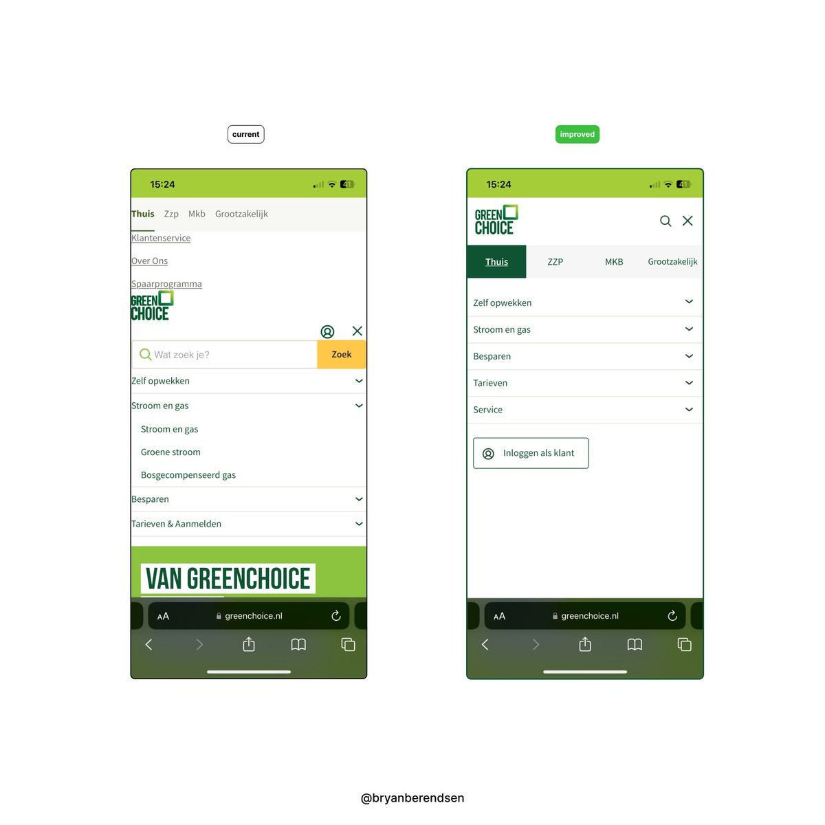 How I improved the navigation menu of @Greenchoice 

Greenchoice is an energy supplier in the Netherlands. A very competitive market. 

With a navigation working like this, potential new clients   will get confused and leave to a competitor. 

Here's what I would improve:

1.