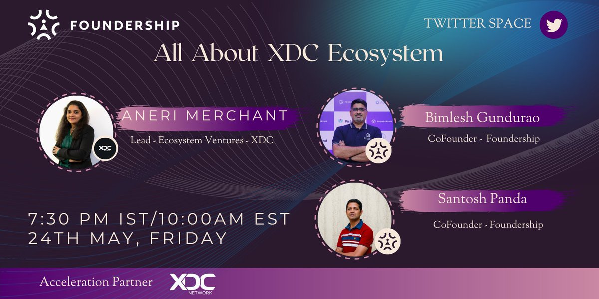 🚀 Join us for an exciting Twitter Space with @Aneri_XVCTech Ecosystem & Ventures Lead at @XinFin_Official We'll dive into 'All about XDC Ecosytem'. 📈✨ 🗓️ Date: 24 May 2024 ⏰ Time: 7.30 pm IST/ 10.00 am EST 🎙️ Guest: Aneri Merchant 🎙️ Host: @bimleshgundurao ,