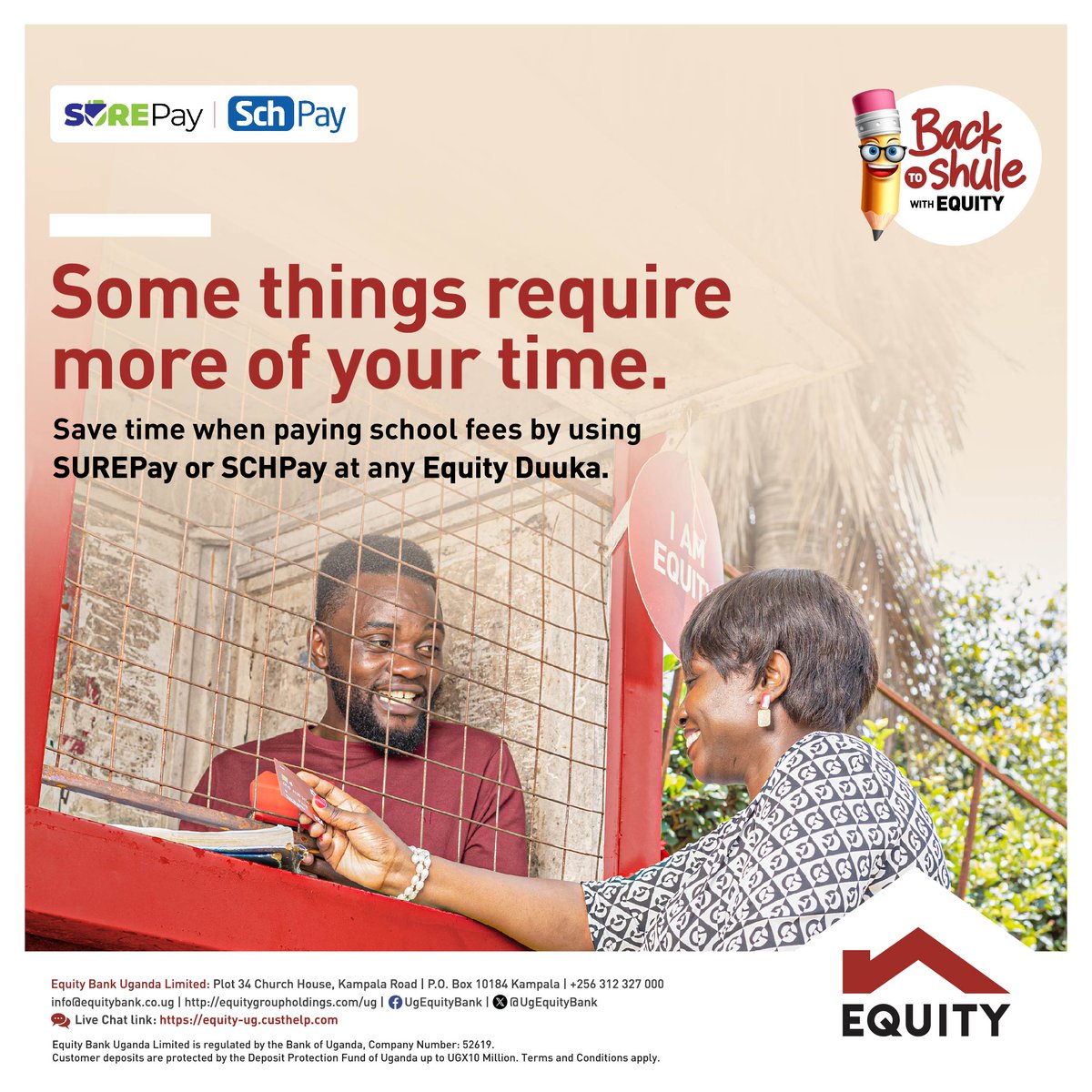 Time is money, so save your time by paying school fees with Sure Pay or School Pay at any of our countrywide Equity Duuka agent locations. #BackToShuleWithEquity