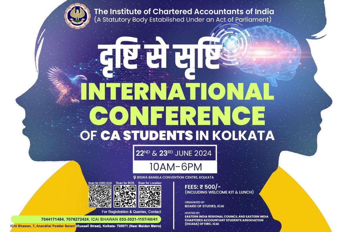MridusmitaDey's tweet image. Get ready for the biggest event of the year. Presenting  International Conference of CA Students 2024 featuring &quot; Drishti se Shrishti&quot;by EICASA &amp;amp; EIRC.Elevate your skills,increase your network &amp;amp; explore latest trends.#eicasa #icai #ca #aarambh #internationalconference #eirc