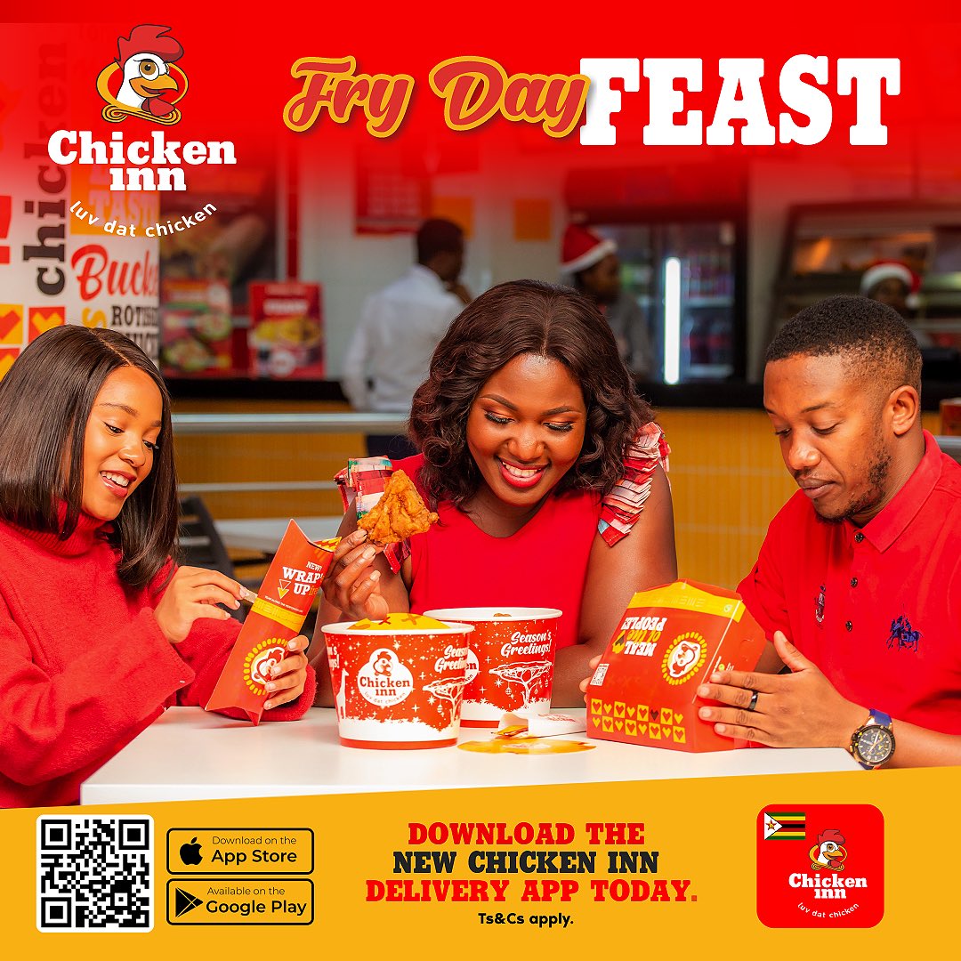ChickenInnZW's tweet image. Every day is a Fry Day feast at Chicken Inn Zimbabwe! . Whether you're dining in, ordering for pickup, or getting it delivered straight to your door.Chicken Inn has you covered for an amazing meal any day of the week. 
#ChickenInnZW #FryDayEveryday 
#FrydayFeast #LuvDatChicken