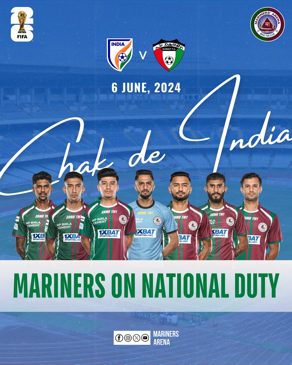 Congratulations to our Seven Mariners for getting selected in 27 - member squad for the World Cup qualifying match against Kuwait on June 6. 👏🏻

#worldcup2026 #qualifiers #indianfootball #internationalduty #mohunbagansg #marinersarena #joymohunbagan 💚♥️
