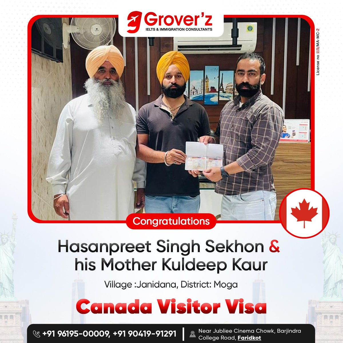 Hasanpreet Singh Sekhon and his mother Kuldeep Kaur are all set to visit Canada with their approved visitor visas, guided by us! ☎ 96195-00009, 90419-91291 Visit us: groverz.in #GroverzIeltsImmigration #Canada #VisitorVisa #VisitCanada #Visaapproved #Immigration
