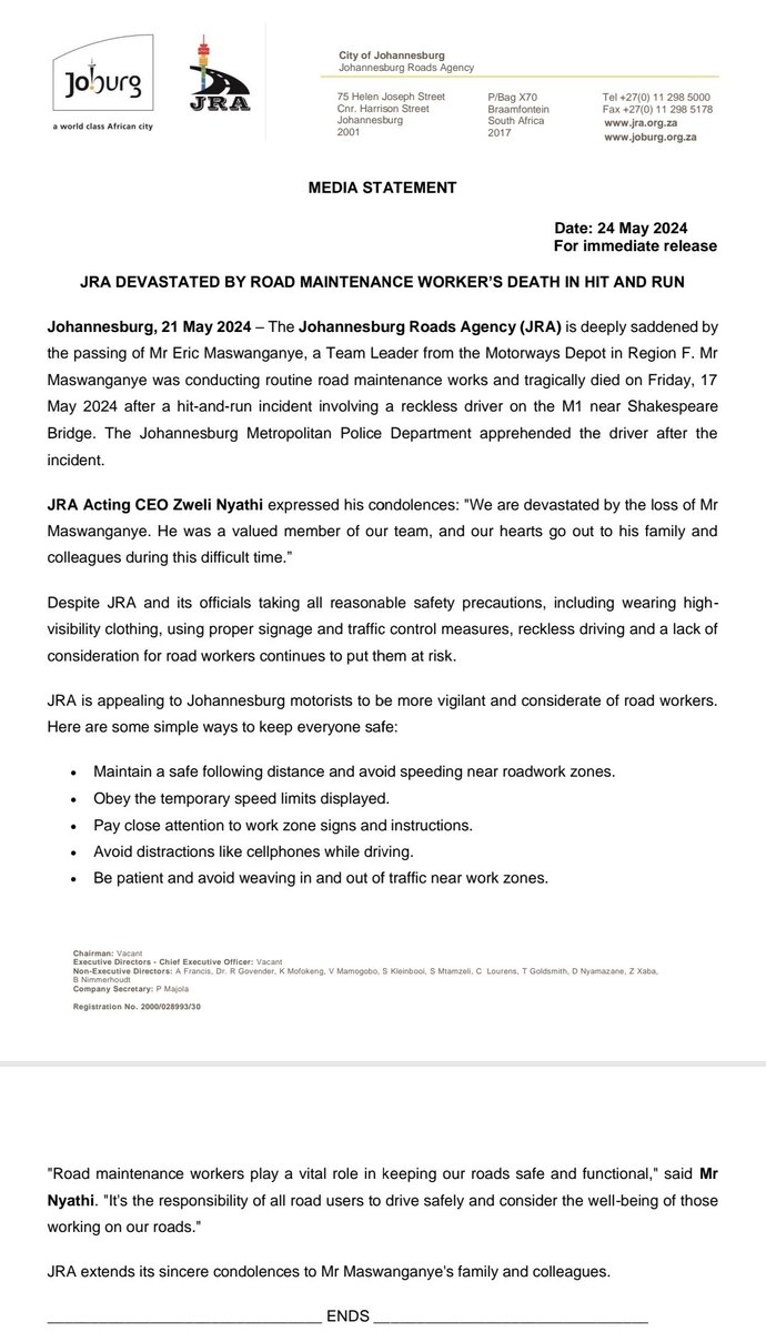 @MyJRA mourns the tragic death of an employee who was hit by a car while working on the M1. Motorists are requested to adhere to road safety restrictions and protect road workers and themselves. @CityofJoburgZA @_ArriveAlive @MMCKennyKunene @RegionF_Joburg