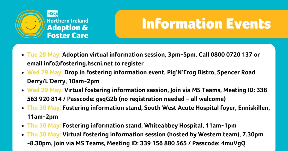 As well as #fostering recruitment activity this week, there’s a virtual #adoption information session this Tuesday hosted by Western’s adoption team.

Check out our events calendar for details of upcoming events:👇
adoptionandfostercare.hscni.net/upcoming-foste…

#HSCNIFosterCare #HSCNIAdoption