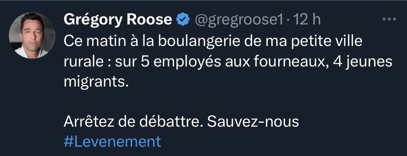 Ce matin à la boulangerie,5 employés se sont levés tôt pour faire pains&amp;viennoiseries pour les clients tout ça pour qu’1 gros raciste qui n’en branle pas une vienne cracher sa haine en hurlant «sauvez-nous»car la baguette a été faite par qqun dont il méprise la couleur de peau.