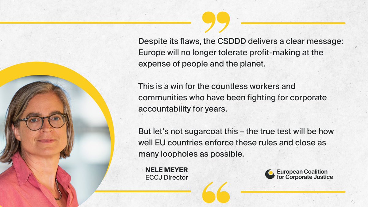 🗞️#CSDDD NEWS The EU Corporate #DueDiligence law is finally approved - a directive that aims to hold companies accountable for #HumanRights & environmental harms globally. 👉Get the full story & ECCJ insights: corporatejustice.org/news/breaking-…