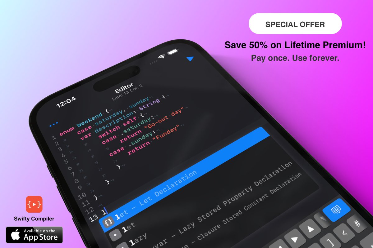 Hurry up! 🔥
Get 50% OFF on Lifetime Premium 🤯🚀

Try Swift coding on-the-go with Swifty Compiler ✨

apps.apple.com/app/id15447496…

#Swift #SwiftyCompiler #iOSDev #iPhone #Apple #AppStore #SwiftUI #SwiftLang #DEVCommunity #Developers #Playground #SwiftPlaygrounds #Xcode #UIKit