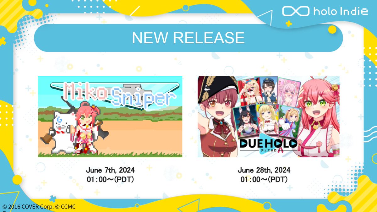 🎮holo Indie Release Announcement🎮 Two new games added to holo Indie🥳🎉 - Miko Sniper - DUEHOLO 🔽Details of the two titles 🔽 hololivepro.com/news_en/202405… For latest information on holo Indie, check out the official X (Twitter) at @holoindie_ccmc #holoIndie