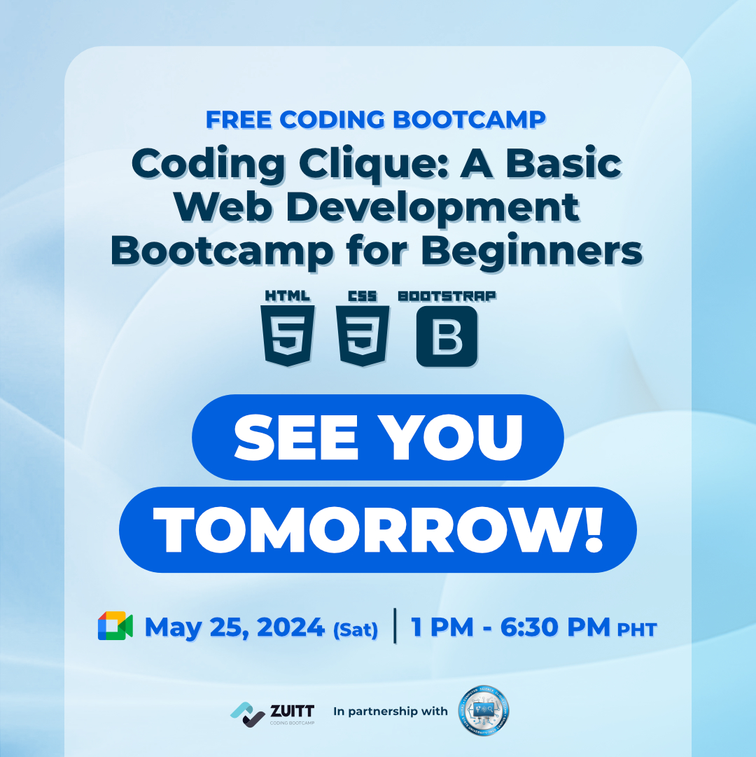 zuittco's tweet image. See you tomorrow at our Free Coding Bootcamp!
🙋 Register here: codenow.zuitt.co/FCBMay25Regist…
The Free Coding Bootcamp will be conducted online. Limited slots only. Registration will close on May 24, 2024 (Friday).
#FreeCodingBootcamp #ZuittCodingBootcamp