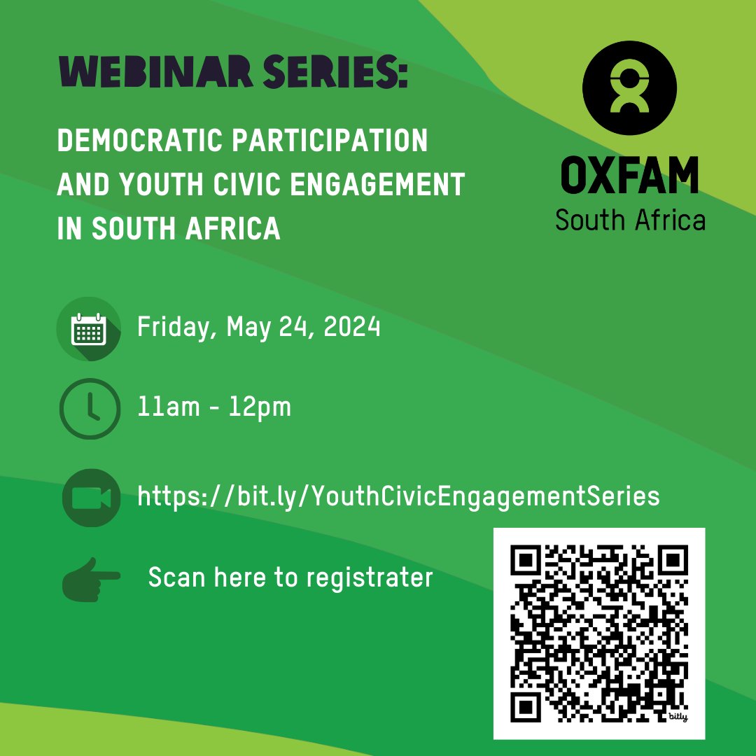 SACAN____'s tweet image. 📢 [Webinar Series] Democratic Participation and Youth Civic Engagement in South Africa   

🗓️ Date: Friday, May 24, 2024  

🕛 Time: 11am – 12pm   

🔗 Registration: us06web.zoom.us/meeting/regist…