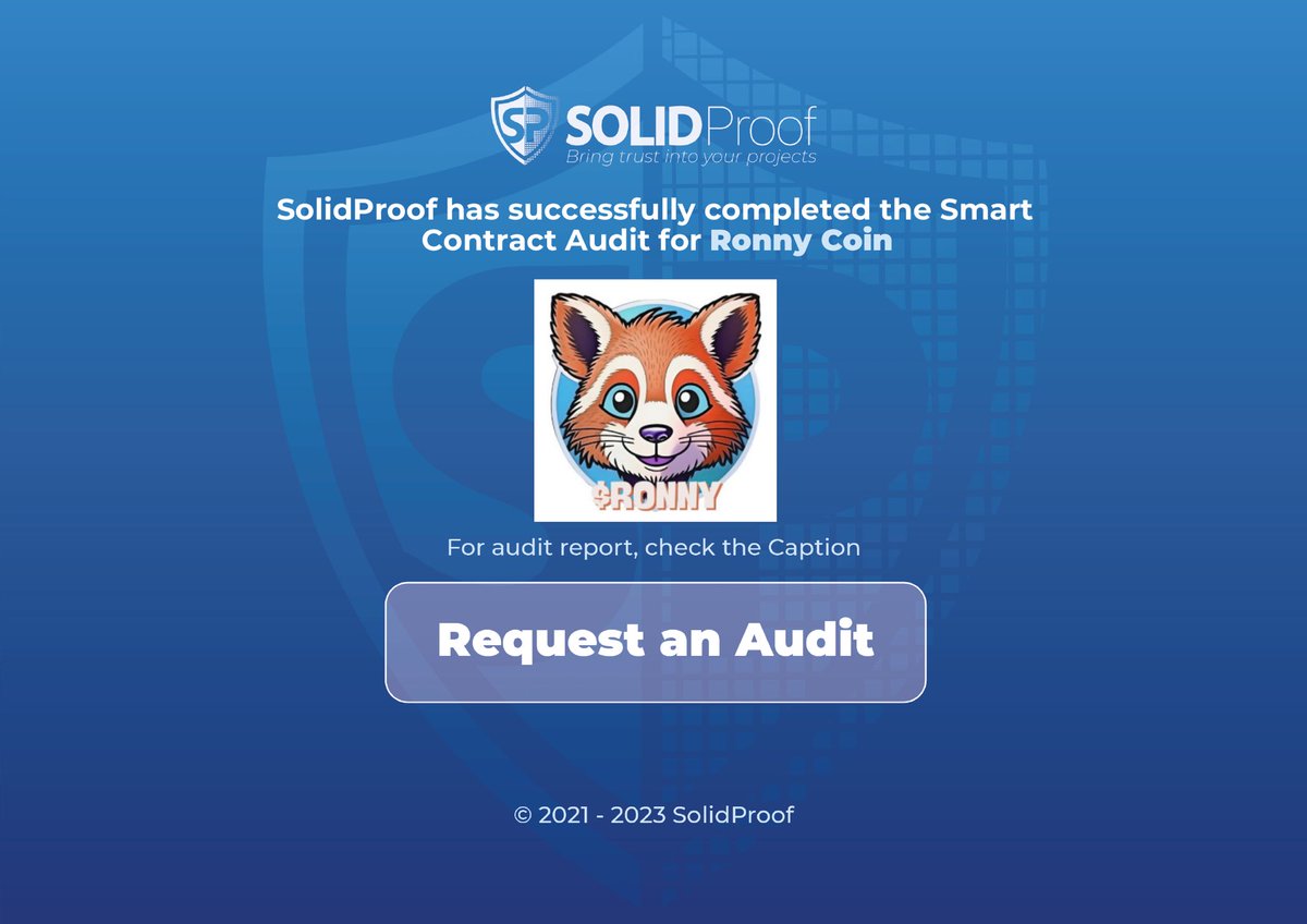solidproof_news's tweet photo. We are happy to announce that we have completed the smart contract audit for @ronnycoin

Need an audit?
https://t.co/9DXI3qJCHH

Check out the full audit report here:

https://t.co/89DhezFWyL

#SmartContracts #Blockchain https://t.co/ezn743lonU