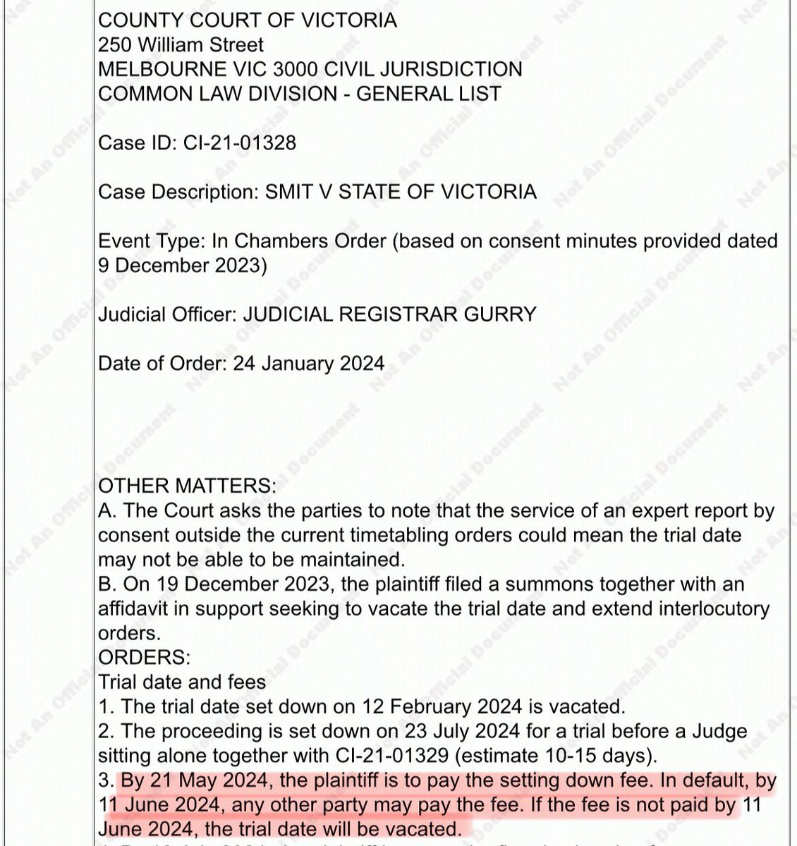 Will Monica Smit’s lawsuit against VicPol be vacated for a THIRD TIME? It’s sure looking that way The anti lockdown activist hasn’t paid her setting down fee, due 21 May. I doubt VicPol will pay it for her so unless she pays by 11 June her trial will be vacated AGAIN