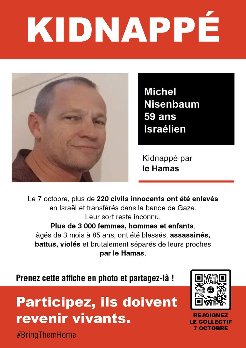 tous7octobre's tweet photo. Les corps de 3 otages viennent d'être trouvés à Rafah et rapatriés en Israel.
Hanan Yablonka, 42 ans 
Michel Nisembaum, 59 ans
et Orion Hernandez Radoux, 30 ans, notre compatriote 🇫🇷
Que leur souvenir soit une bénédiction.

Deux français sont toujours retenus en otage par les islamistes du Hamas depuis 230 jours.
#Bringthemhomenow
