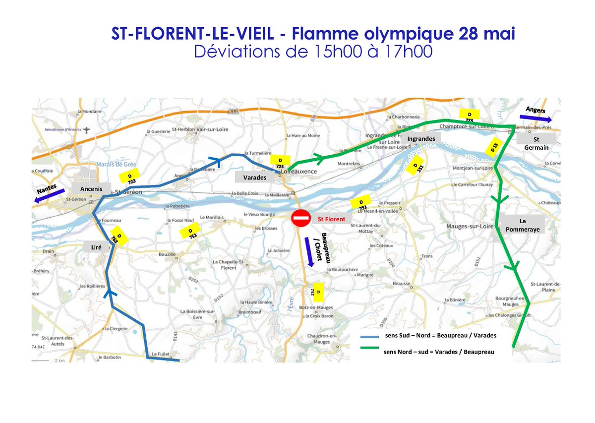 Maine_et_Loire's tweet photo. #inforoutes49 #RelaisDeLaFlamme
⛔ @maugessurloire : pont franchissant la Loire fermé entre Varades et St-Florent-le-Vieil (RD752) de 15h00 à 17h00.
Déviation via les ponts d'Ancenis ou de Montjean⤵️. https://t.co/FXLyZKAnj1