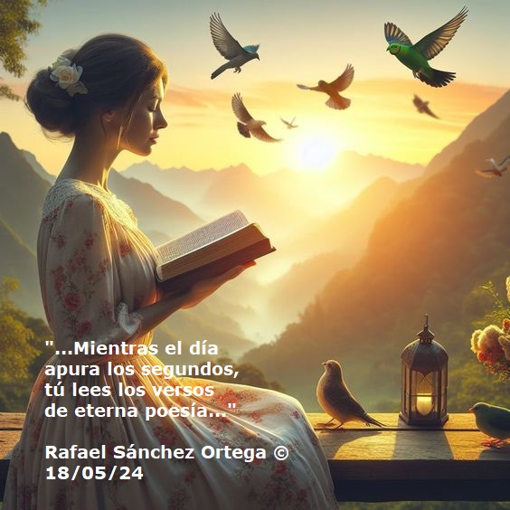 '...Mientras el día 
apura los segundos, 
tú lees los versos 
de eterna poesía...'

Rafael Sánchez Ortega ©
18/05/24

#LetrasYLatidos
#ClubDelNovelista
#LYF15
#PAficionados
#SocioPoetas