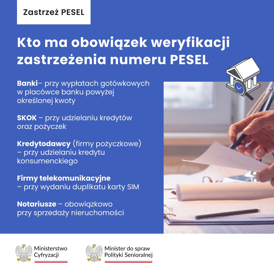 🔴Od 1 czerwca br. wchodzą nowe regulacje dotyczące obowiązku weryfikacji numeru PESEL przez różne instytucje:
➡️Banki, 
➡️SKOKi, 
➡️firmy pożyczkowe, telekomunikacyjne oraz 
➡️notariuszy. 
Muszą teraz sprawdzać zastrzeżenie PESEL przy udzielaniu kredytów, pożyczek, wydawaniu