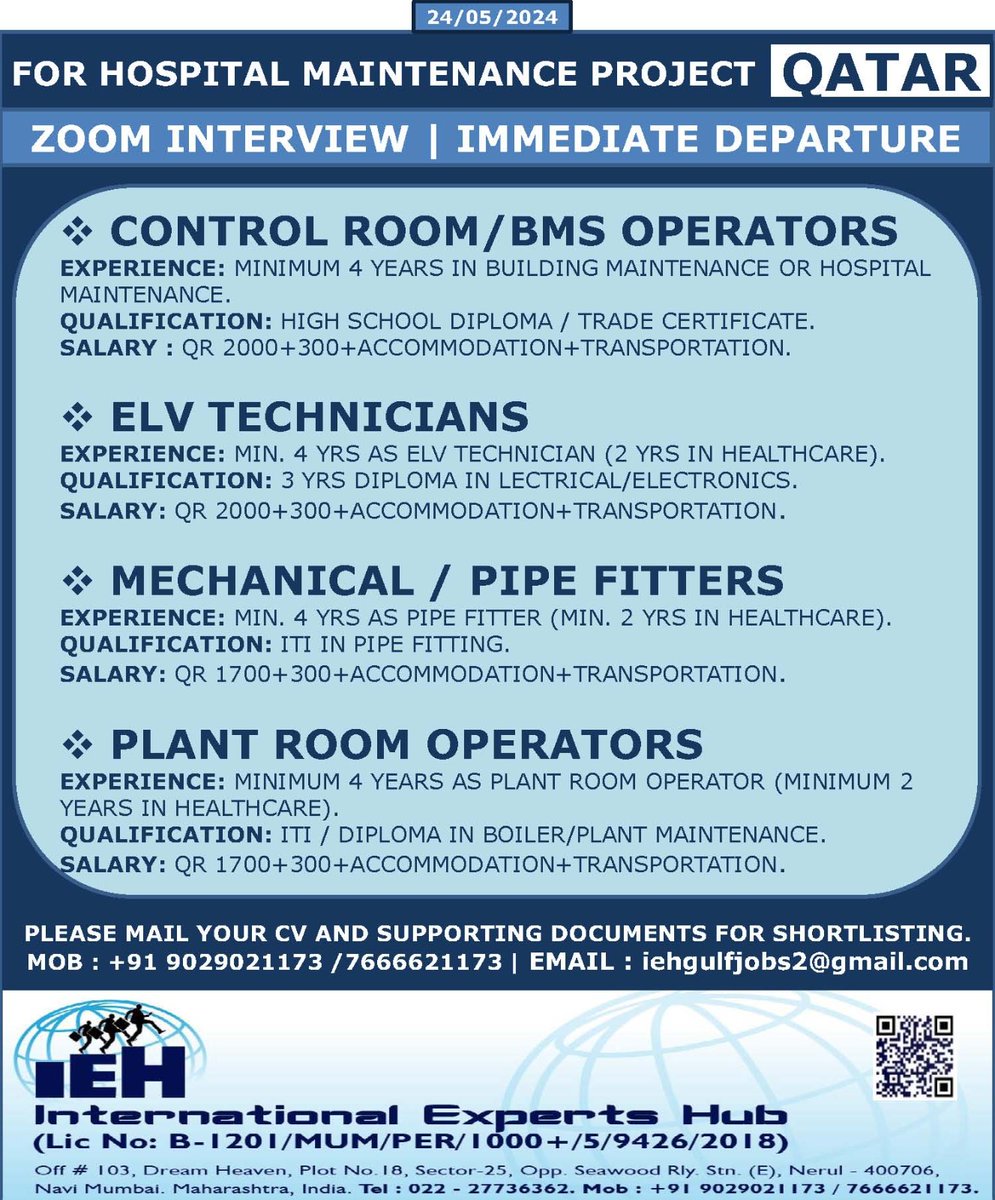 #gulfjobcareers #gulfjobseekers #abroadVacancy #abroadjobseekers #abroadjobs #qatarjobs #gulfjobs #gulfjobalert #controlroomoperator #bmsoperator #elvtechnician #mechanicalfitter #pipefitter #PlantroomOperator