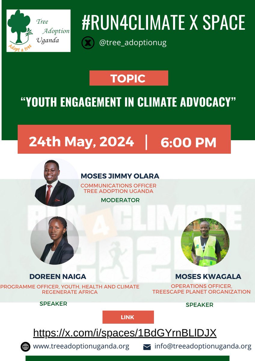 Join us today at 6pm on Twitter/X Space for a discussion on 'Youth Engagement in Climate Advocacy'! @tree_adoptionug will be hosting a panel of experts to delve into pressing environmental issues. Don't miss out! #Run4Climate