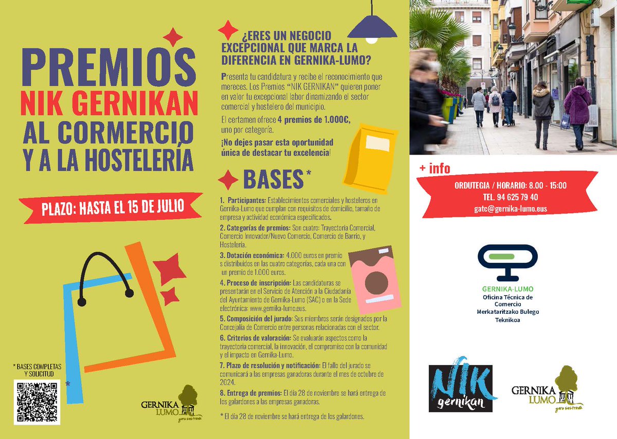 El Ayuntamiento convoca la cuarta edición de los “Premios Nik Gernikan al Comercio y a la Hostelería”. El plazo para inscribirse ya está abierto hasta el 15 de julio. ℹ️ n9.cl/scxq4