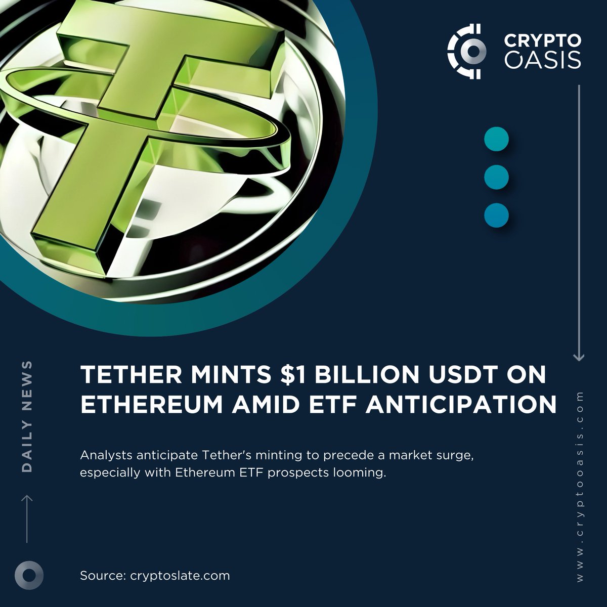 📢 Crypto Oasis Daily News Market analysts predict @Tether_to’s minting to precede a market surge, likely boosted by @Ethereum ETF approval. @sherbakov_btc_ says this will enhance liquidity before ETF news. t.ly/XJ4gW @Cryptoslate