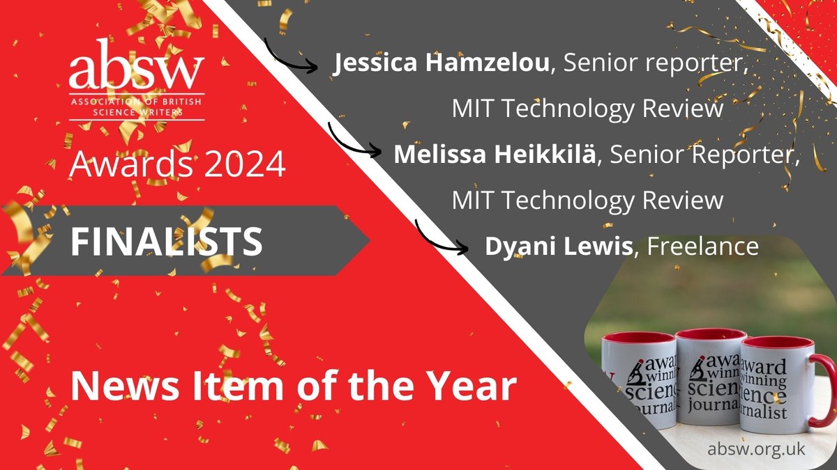 📰 News Item of the Year 📰 📣 #ABSWawards finalists announced 👉zurl.co/MsYI @JessHamzelou @techreview @Melissahei @techreview @dyanilewis ⏩ Can you tell us the biggest challenges to produce the selected news? More to come in the next few days. Stay tuned! 🎧