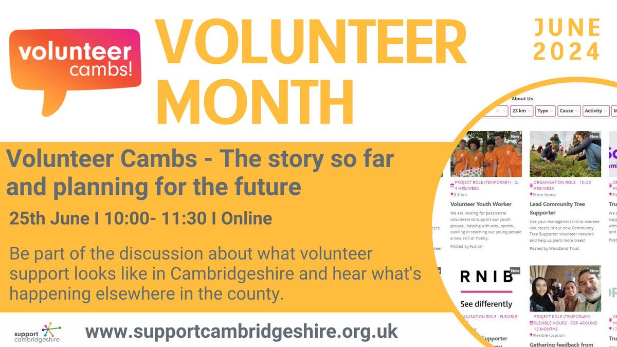 Volunteer Cambs – the story so far and planning for the future

Tuesday 25th June – 10:00 – 11:30 

Link to book: buff.ly/3UO1krm 

Link to find out more: buff.ly/4dNyKyU 

#Community #VolunteerEngagement #VolunteerCambs 

@SupportCambs