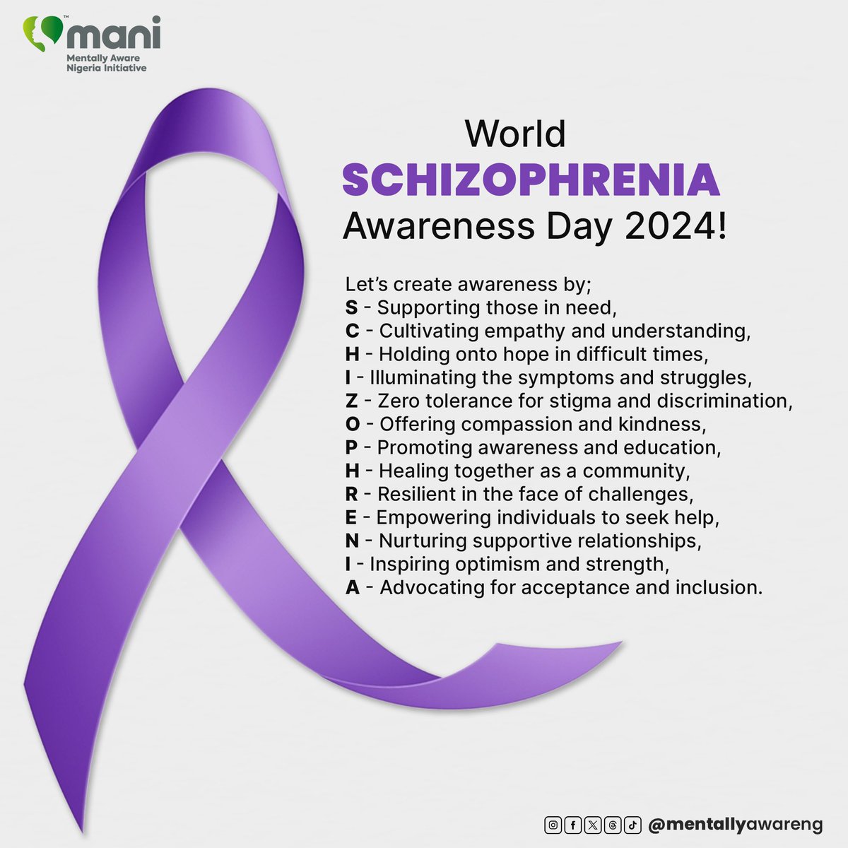 Today, we stand in solidarity with those affected by schizophrenia, raising awareness, and promoting compassion. Let's challenge stigma, foster understanding, and support those on their journey toward mental health recovery. Together, let's create a world where everyone feels