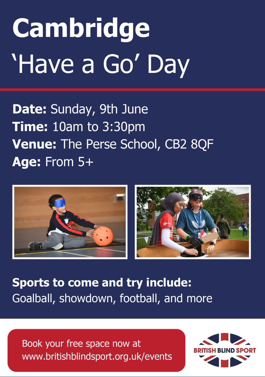 Try inclusive sports at @BritBlindSport's 🆓 have a Go Day for blind and partially sighted people of all ages in #Cambridge Confirmed activities include Showdown, Football and Goalball, with more to be confirmed. 🙌 ➡️ britishblindsport.org.uk/events