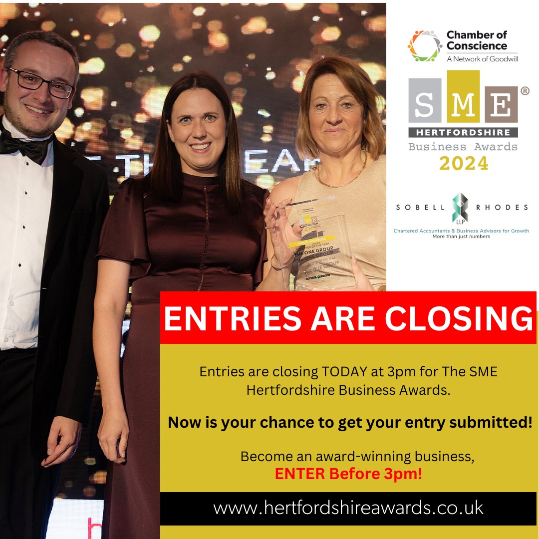 🚨 TODAY IS THE DAY! Today at 3pm the entries for the #SMEHerts Business Awards officially CLOSE! Entering is simple, quick, and guaranteed to boost your business! Begin and Submit your entry NOW! 👉ow.ly/NgEH50RQvxS @eventsandprmk #SMEAwards