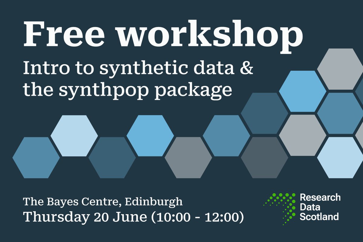 Want to know more about working with synthetic data? Join our free workshop! 👩‍💻 Synthpop allows users to create synthetic versions of sensitive data. Join us for an intro to the package and to work through issues 🔧 📈 Find out more and register 👇 researchdata.scot/our-work/curre…