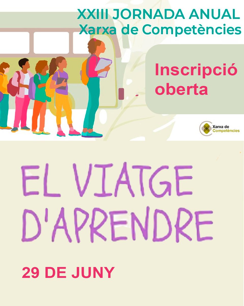 S'ha obert la inscripció per a la Jornada anual Xarxa de Competències. Enguany, amb el lema 'El Viatge d'Aprendre' proposa un espai d'aprenentatge i millora de la pràctica educativa mitjançant la formació entre iguals. 📅 29 de juny 🔗 xtec.gencat.cat/ca/agenda/Insc… #AlsCentres