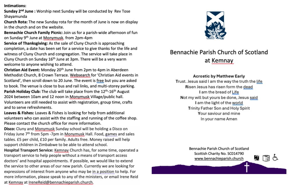 BPC at Kemnay 24th May 2024 -  bennachieparish.church/2024/05/24/bpc… 
Please come and join us for the Sunday 10am Service at Bennachie Parish Church at Kemnay or you can also join online see here for details. viewservice.bennachieparish.church