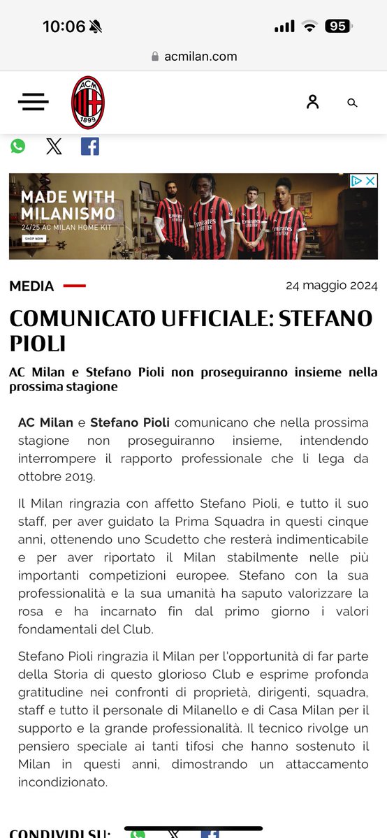 Il comunicato del #Milan sulla fine della gestione #Pioli