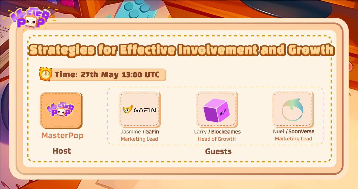 📣 Join us next Monday to explore what makes engaging and empowering GameFi Communities!

🎙 Guests: @Gafin_io, @GetBlockGames, @soon_verse

🗓 Date: May 27th, 13:00 UTC 
🔗 Venue: x.com/i/spaces/1OyKA…

💎 5 lucky participants will share 500 cMPOP!