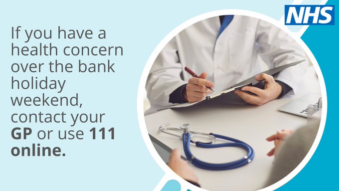 Some GP services will be available over the bank holiday weekend. If you have a health concern, contact your GP practice when open, or use NHS 111 online for urgent medical help. 📱111.nhs.uk