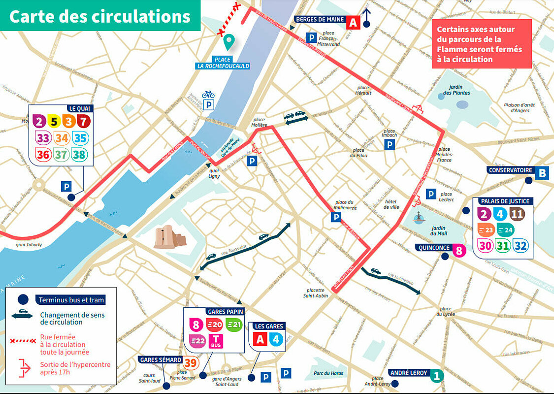 Maine_et_Loire's tweet photo. #inforoutes49 #RelaisDeLaFlamme
@Angers : rues fermées à partir de 17h⤵️. Sorties des voies sur berges vers le centre-ville impactées :
> Stade Mikulak/Montesquieu fermée de 16h à 19h
> Pont Verdun, places Molière/Poissonnerie et Bv Ayrault/pont Haute-Chaîne fermée de 16h à 22h https://t.co/F41gaB5VnO