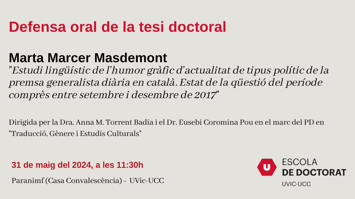 PROPERA DEFENSA DE TESI DOCTORAL #PD en Traducció, Gènere i Estudis Culturals