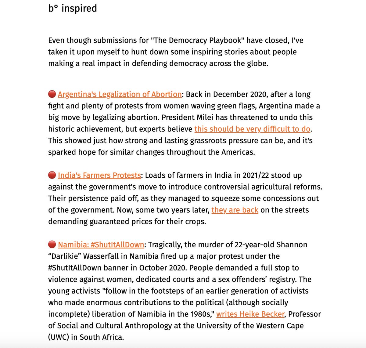 Unbias the News (@unbiasthenews) on Twitter photo Happy to see our #DemocracyPlaybook project featured in the latest edition of the always excellent <a href="/bonninstitute/">Bonn Institute</a> newsletter, with some great examples of democratic movements across the globe gathered by <a href="/sham_jaff/">Sham Jaff (shamjaff.bsky.social)</a>! Sign up for their newsletter here: bonn-institute.org/newsletter Happy to see our #DemocracyPlaybook project featured in the latest edition of the always excellent <a href="/bonninstitute/">Bonn Institute</a> newsletter, with some great examples of democratic movements across the globe gathered by <a href="/sham_jaff/">Sham Jaff (shamjaff.bsky.social)</a>! Sign up for their newsletter here: bonn-institute.org/newsletter