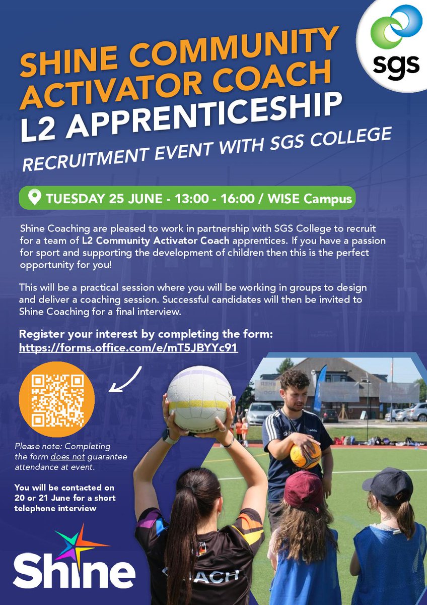 sgs_college's tweet photo. SGS, in partnership with Shine, are offering 12 amazing apprenticeships as a Community Activator Coach.

Register your place at our Recruitment Event taking place on 25th June at our WISE Campus, to find out more information and to apply!

https://t.co/JvbokdyZGU https://t.co/gdVSsuHaSr