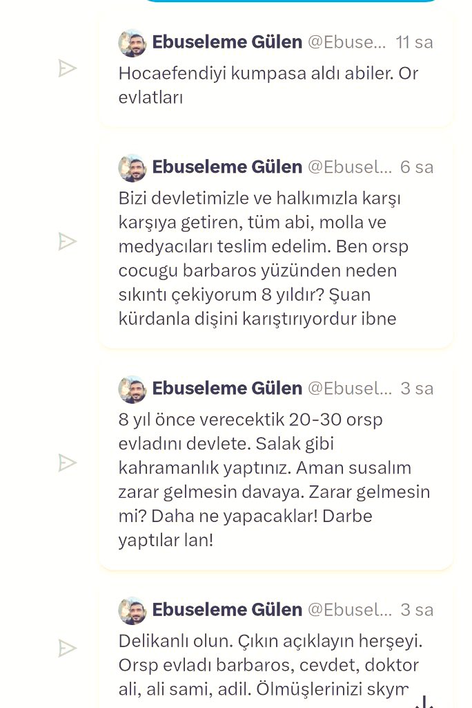 📌İTİRAF GELDİ ve GİTTİ

Pensilvanya’da ki elebaşının yeğeni önce bir sinirle olsa gerek sitemkar şekilde her şeyi itiraf eden X’ler attı. Sonra sildi.

Darbe Girişimi’nin nasıl Pensilvanyda planlandığını okuyunuz.

NOT: “Barbaros dediği FETÖ’nün yüksek istişare kurulu üyesi