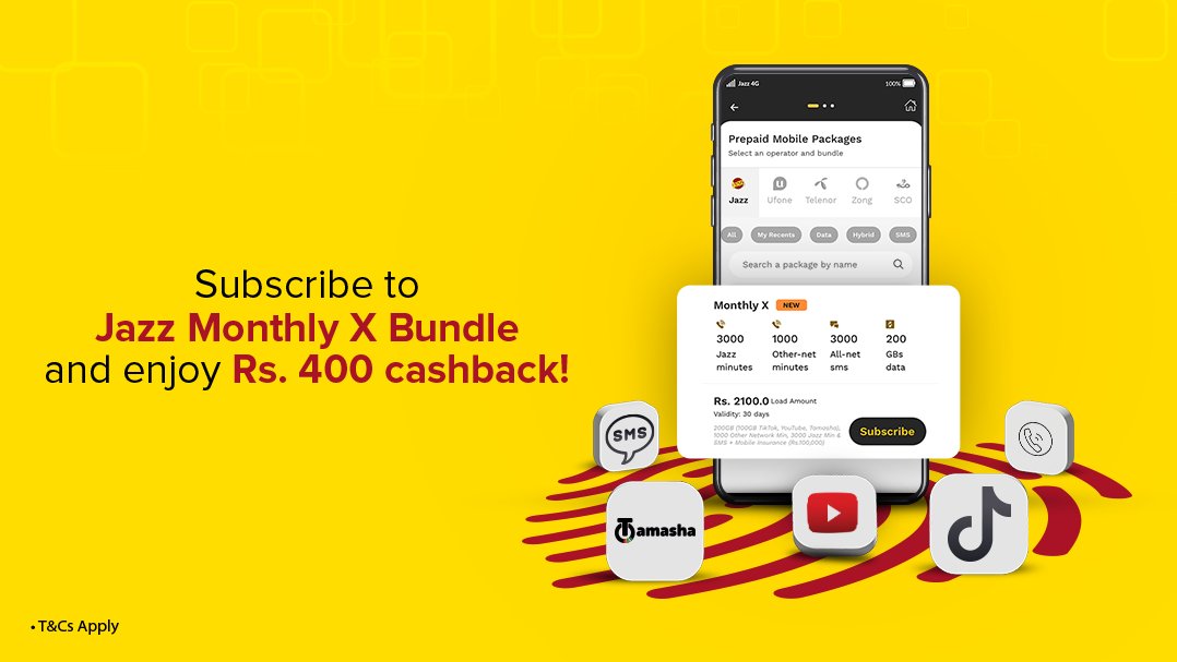 The X factor with cashbacks! Subscribe the Jazz Monthly X bundle via JazzCash for Rs.2,100 and avail Rs.400 in cashback. Download JazzCash now: bit.ly/3CS8cti