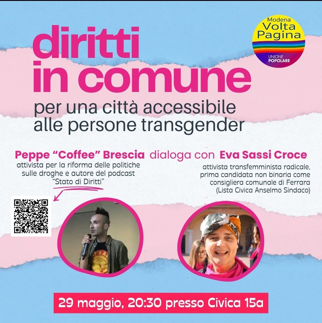 Ospiti di @silvia_mixx, e in compagnia di Eva Sassi Croce, il 29 Maggio parliamo di diritti delle persone transgender, di linguaggio e depatologizzazione, e del ruolo delle amministrazioni comunali in un'ottica di inclusione.
Ci vediamo a Modena!
