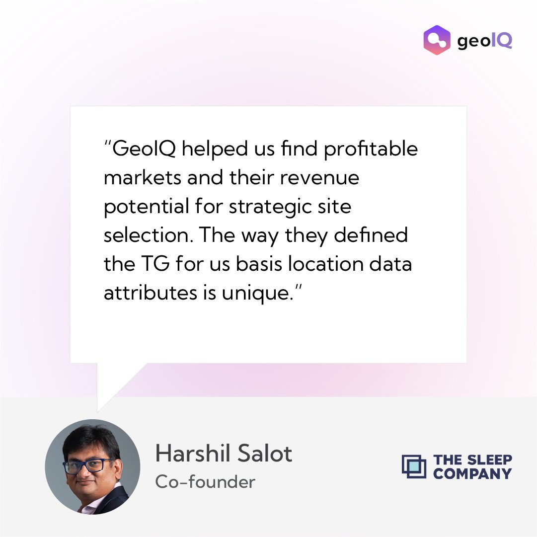 Harshil Salot, Co-founder of @TheSleepCompany, talks about the impact @geoiq_ai  has had on their growth. 

With #RetailIQ, we helped the brand identify new potential markets and strategic location recommendations to maximize their revenue.

Ready to embark on this journey?