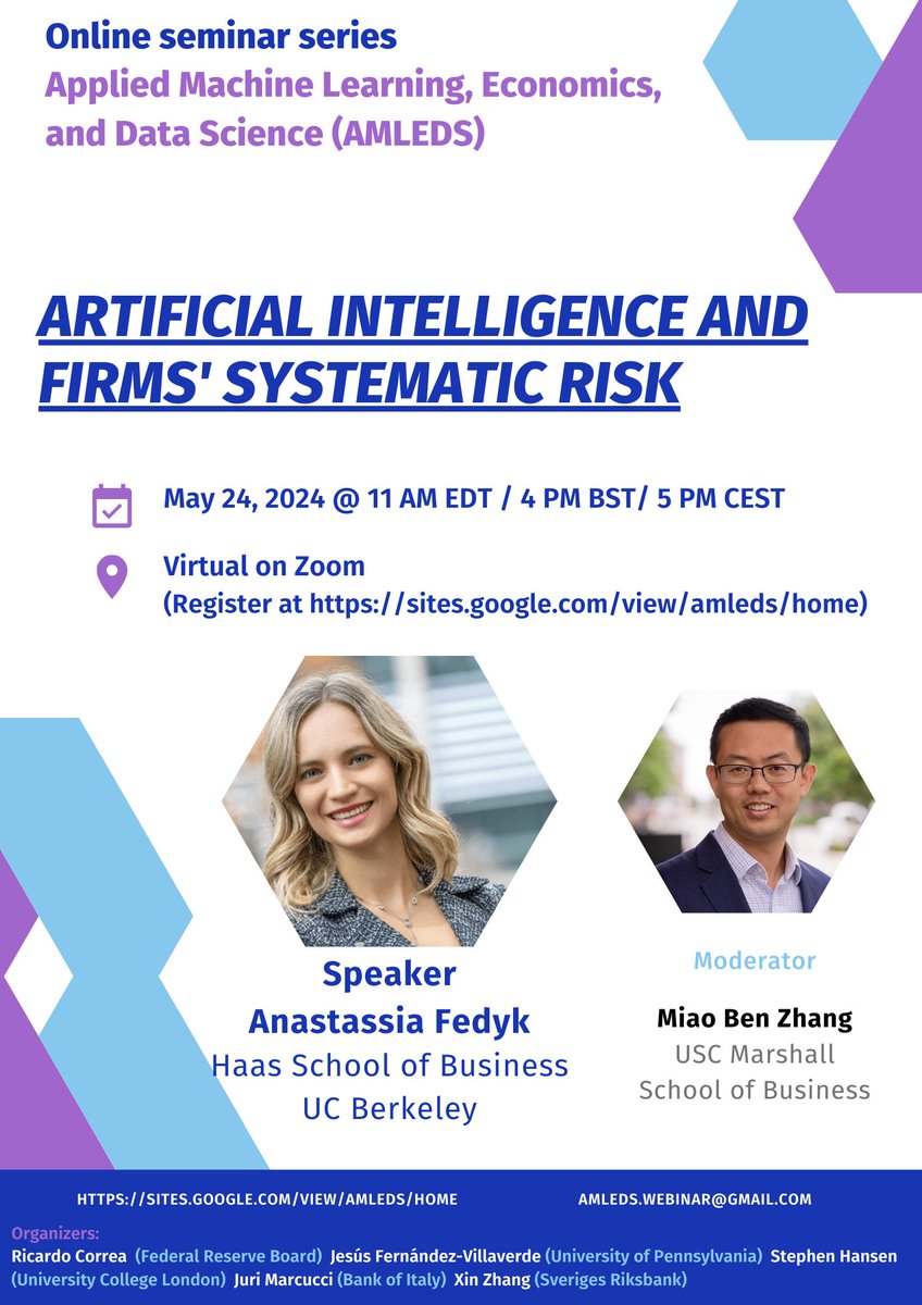 AMLEDS (@amleds1) on Twitter photo π¨ Today at 11AM EDT/5PM CEST! π¨
Join us for the #AMLEDS #Webinar with <a href="/AnastassiaFedyk/">Anastassia Fedyk πΊπ¦</a> from <a href="/BerkeleyHaas/">Haas School of Business</a> on #ArtificialIntelligence and Firms' Systematic Risk."
Moderated by <a href="/rainozhang/">Miao Ben Zhang</a> (<a href="/USCMarshall/">USC Marshall School of Business</a>)
lnkd.in/egTakd2
#AI #Finance #MachineLearning #EconTwitter π¨ Today at 11AM EDT/5PM CEST! π¨
Join us for the #AMLEDS #Webinar with <a href="/AnastassiaFedyk/">Anastassia Fedyk πΊπ¦</a> from <a href="/BerkeleyHaas/">Haas School of Business</a> on #ArtificialIntelligence and Firms' Systematic Risk."
Moderated by <a href="/rainozhang/">Miao Ben Zhang</a> (<a href="/USCMarshall/">USC Marshall School of Business</a>)
lnkd.in/egTakd2
#AI #Finance #MachineLearning #EconTwitter