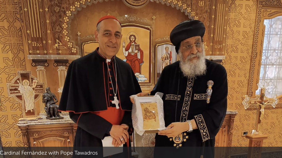 @CatholicSat Context: Cardinal Fernández’s visit to Tawadros II in Cairo comes two months after the Coptic Orthodox Church suspended dialogue with the Catholic Church over #FiduciaSupplicans and its concern about the Declaration’s allowance for “blessings of couples of the same sex”.
