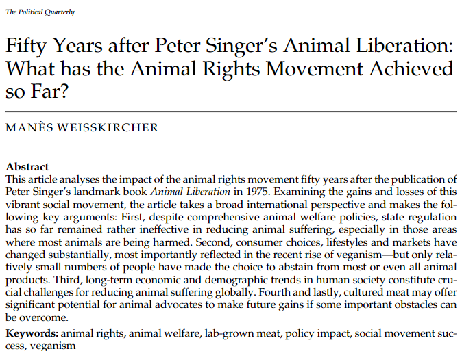 ManesWeissk's tweet photo. 🚨 New publication:

I am glad about the publication of '50 Years after @PeterSinger’s Animal Liberation: What has the Animal Rights Movement Achieved so Far?" in @po_qu. The topic is very dear to me, so I hope for a broad readership. 🐇

➡️ https://t.co/uSa2XfFwRg #openaccess https://t.co/LBvj4RN607