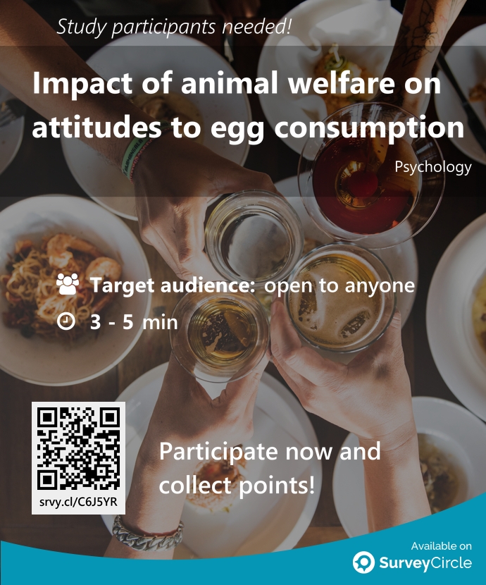 Participants needed for top-ranked study on SurveyCircle: 'Impact of animal welfare on attitudes to egg consumption' surveycircle.com/C6J5YR/ via @SurveyCircle #AnimalWelfare #EggConsumption #FreeRange #CognitiveDissonance #survey #surveycircle